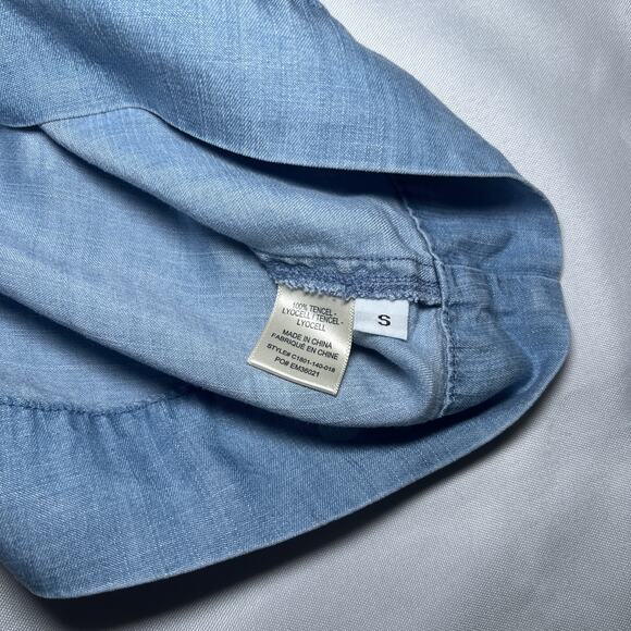 Cloth & Stone Chambray Polka Dot Top Tie Back Size S Bell Sleeve Boxy Lyocell - Picture 4 of 7